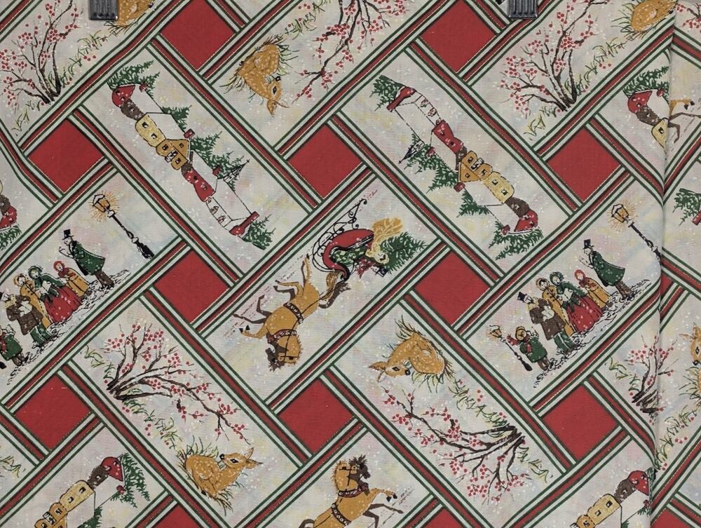 Vintage Christmas Tablecloth MCM Cotton 66x48 Holiday Deer Sleigh Kitsch Retro